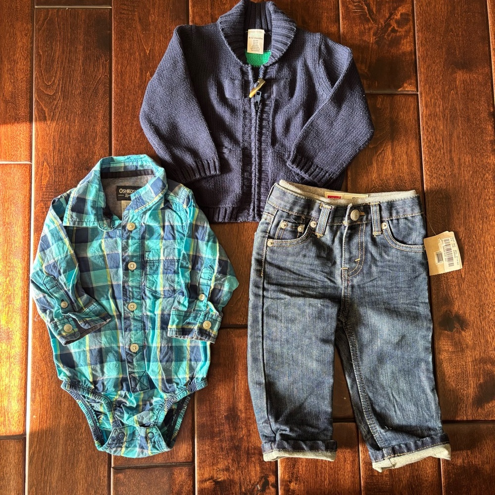 Adorable baby boy set! Jeans, polo onesie and sweater